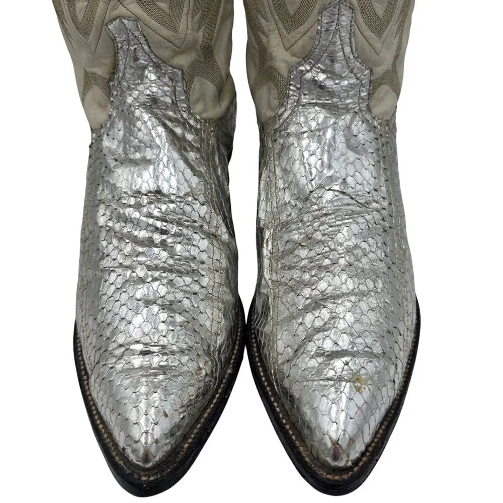 Vintage 1970s Mens 11D Larry Mahan Silver Metallic Snakeskin Cowboy Boots Rare - Picture 2 of 16